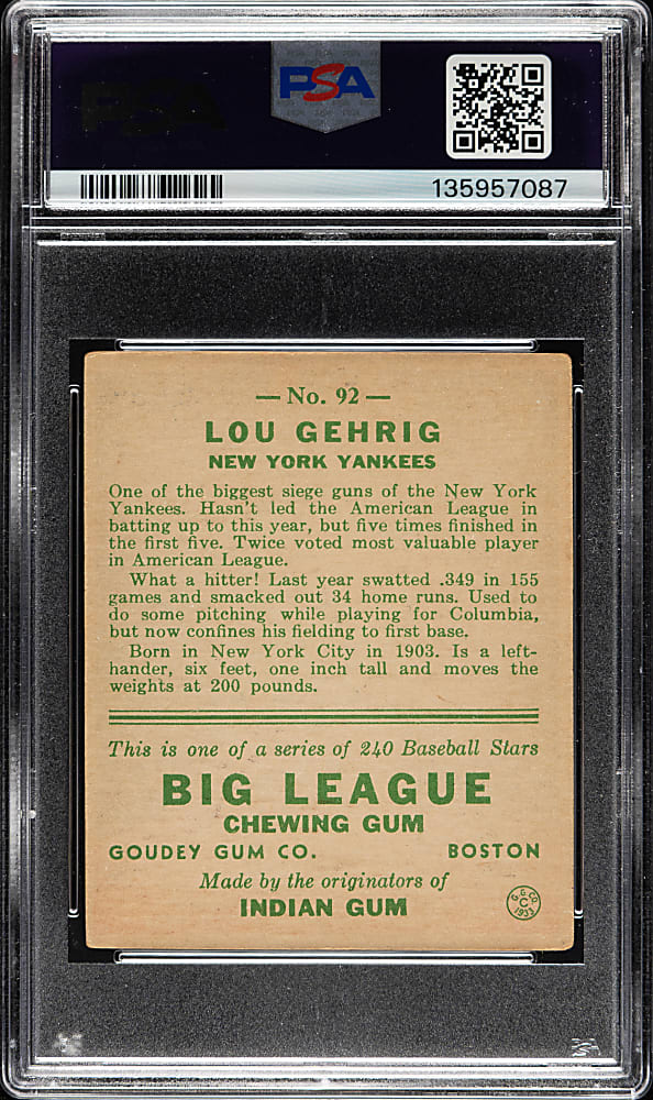 1933 R319 Goudey #92 Lou Gehrig PSA VG 3