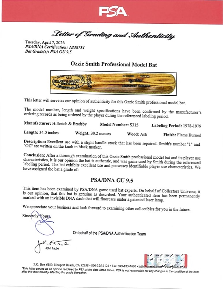 1978-1979 Ozzie Smith San Diego Padres Signed Game-Used Bat PSA/DNA GU 9.5 - Rookie Era!