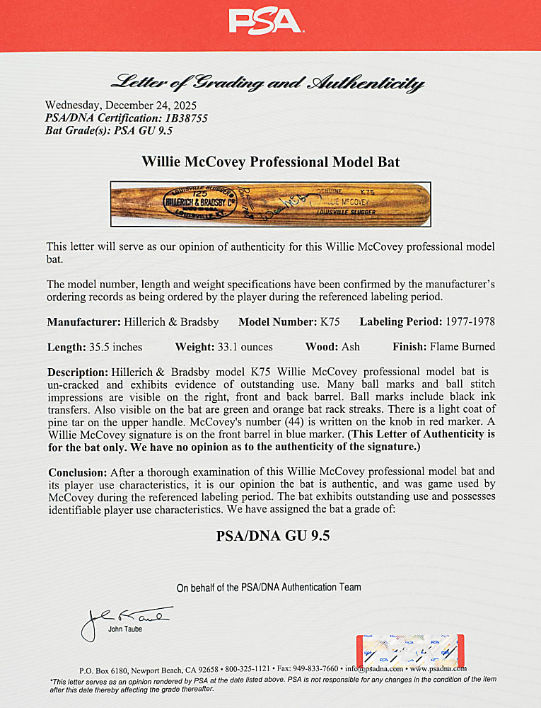 1977-1978 Willie McCovey San Francisco Giants Signed Game-Used Bat PSA/DNA GU 9.5