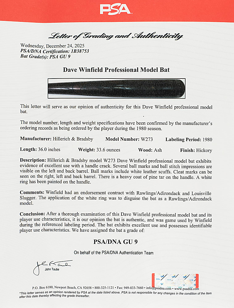 1980 Dave Winfield San Diego Padres Game-Used Bat PSA/DNA GU 9