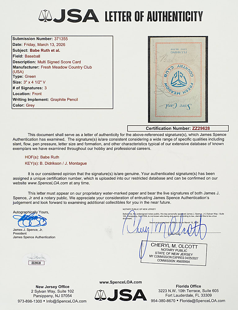 1937 Babe Ruth and Babe Didrikson Signed Golf Scorecard - JSA