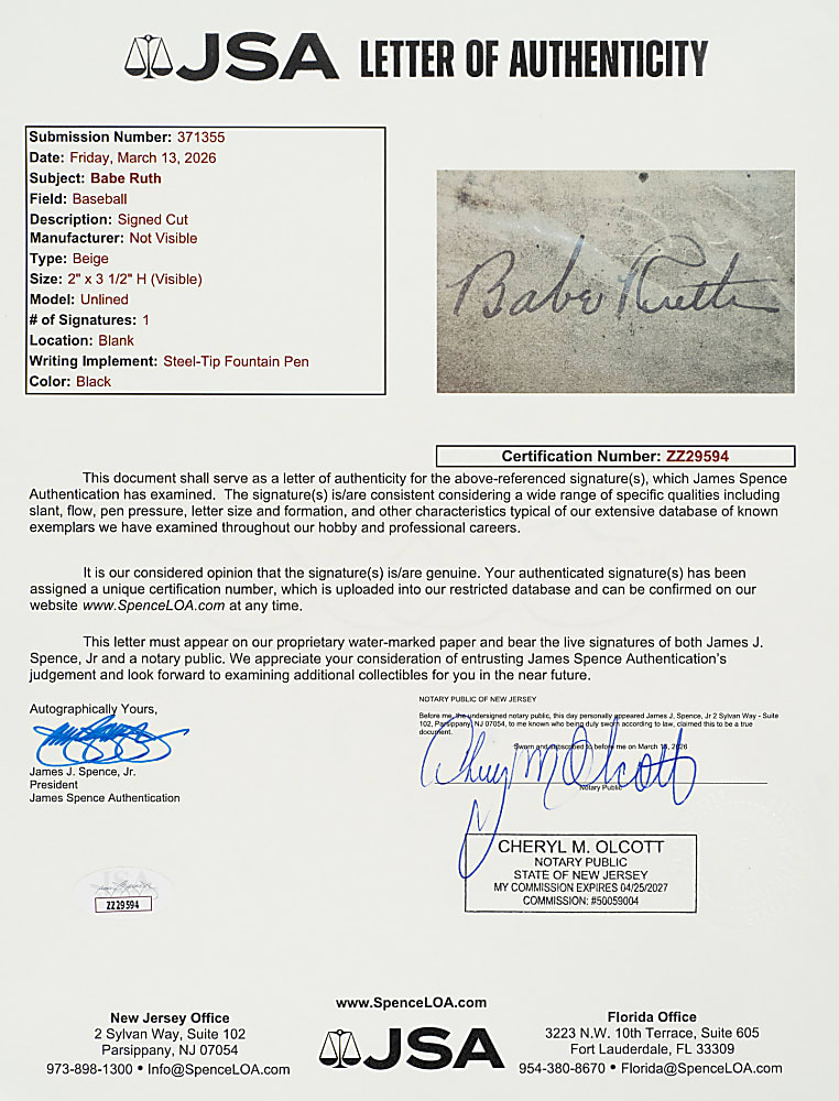 Babe Ruth Cut Signature in Matted Display - JSA