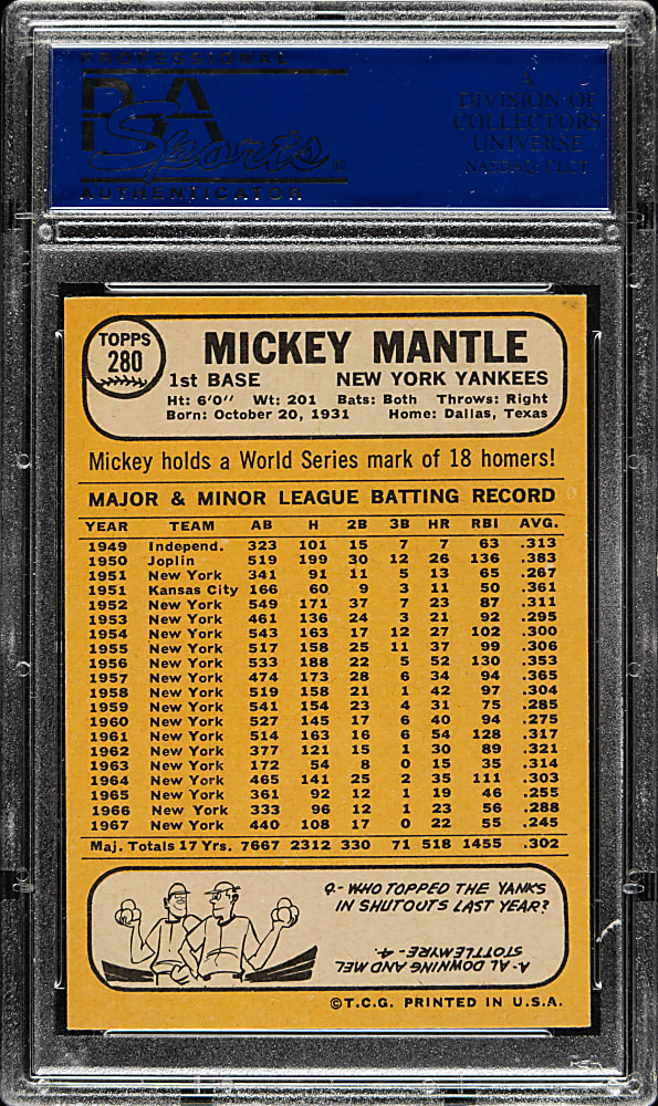 1968 Topps #280 Mickey Mantle PSA NM 7