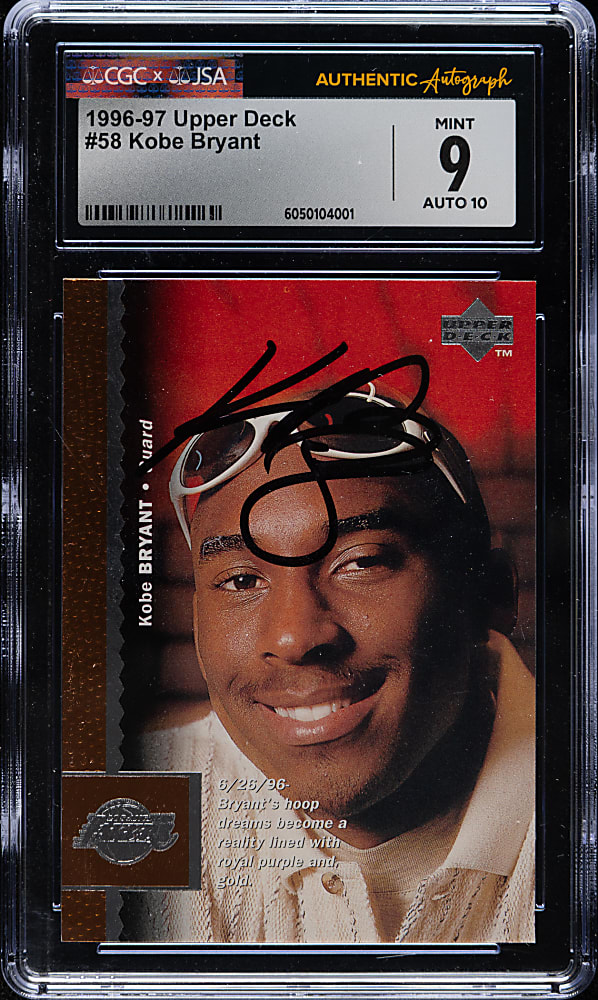 Signed 1996-1997 Upper Deck Basketball #58 Kobe Bryant Rookie CGC/JSA MINT 9 with GEM MINT 10 Signature