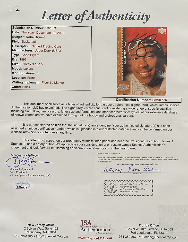 Signed 1996-1997 Upper Deck Basketball #58 Kobe Bryant Rookie CGC/JSA MINT 9 with GEM MINT 10 Signature