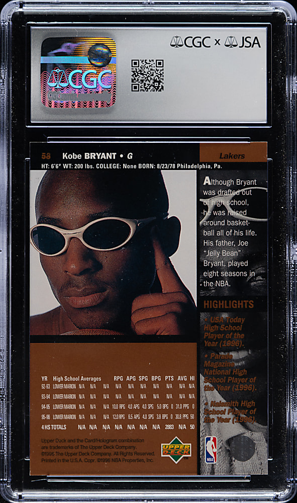 Signed 1996-1997 Upper Deck Basketball #58 Kobe Bryant Rookie CGC/JSA MINT 9 with GEM MINT 10 Signature