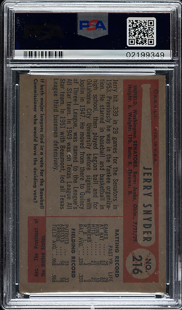 1954 Bowman #216 Jerry Snyder .968/.968 Field Avg. PSA MINT 9