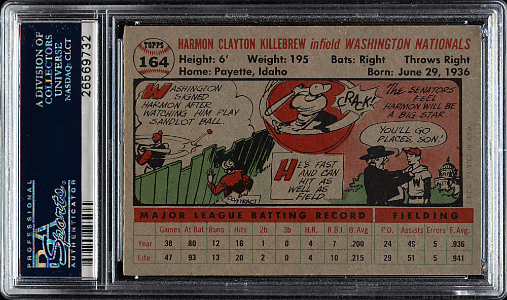 1956 Topps #164 Harmon Killebrew Gray Back PSA NM-MT 8