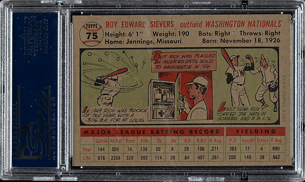 1956 Topps #75 Roy Sievers Gray Back PSA MINT 9 - Highest Graded!