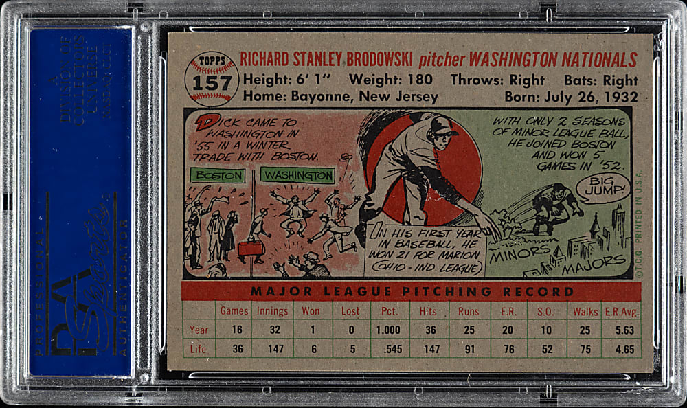 1956 Topps #157 Dick Brodowski Gray Back PSA MINT 9