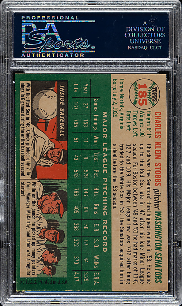 1954 Topps #185 Chuck Stobbs PSA MINT 9