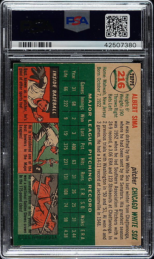 1954 Topps #216 Al Sima PSA MINT 9 - Highest Graded!