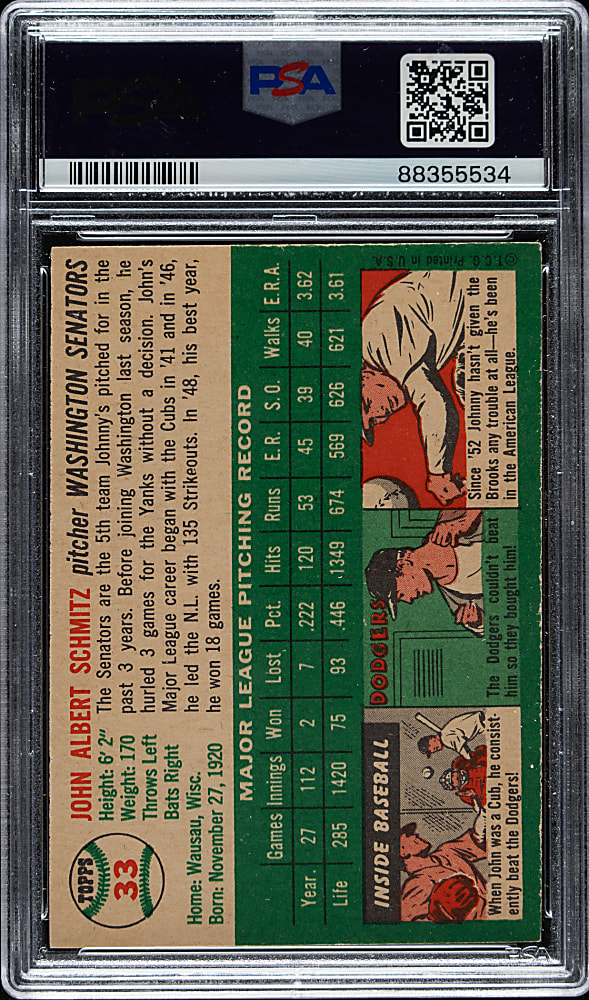 1954 Topps #33 Johnny Schmitz PSA MINT 9 - Highest Graded!