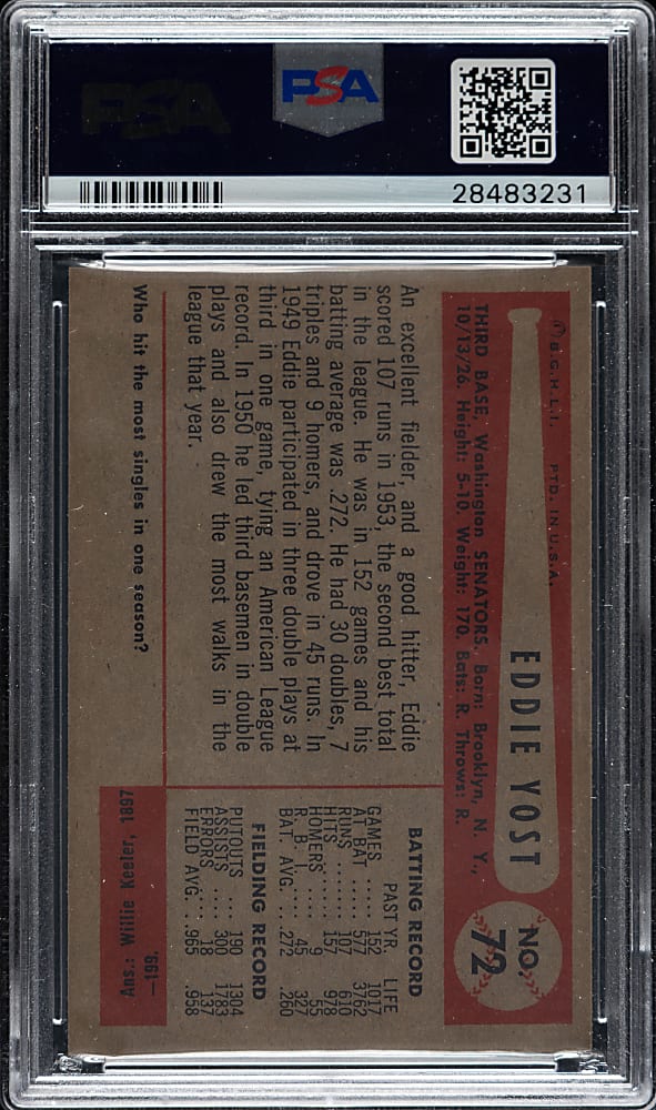 1954 Bowman #72 Ed Yost PSA MINT 9 - Highest Graded!