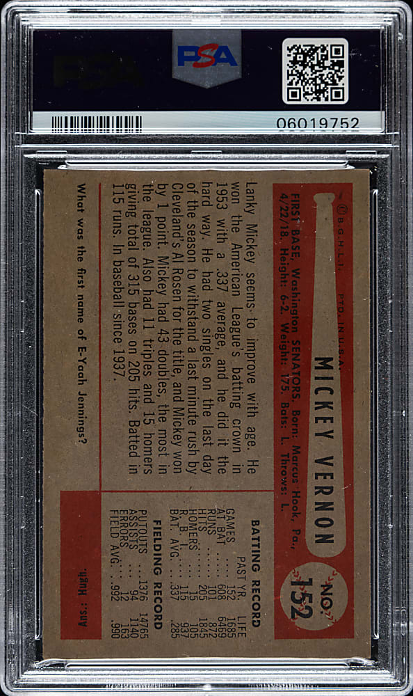 1954 Bowman #152 Mickey Vernon PSA NM-MT 8