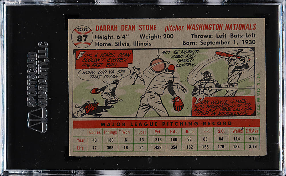1956 Topps #87 Dean Stone Gray Back SGC MINT 9 - 1 of 2 - Highest Graded!