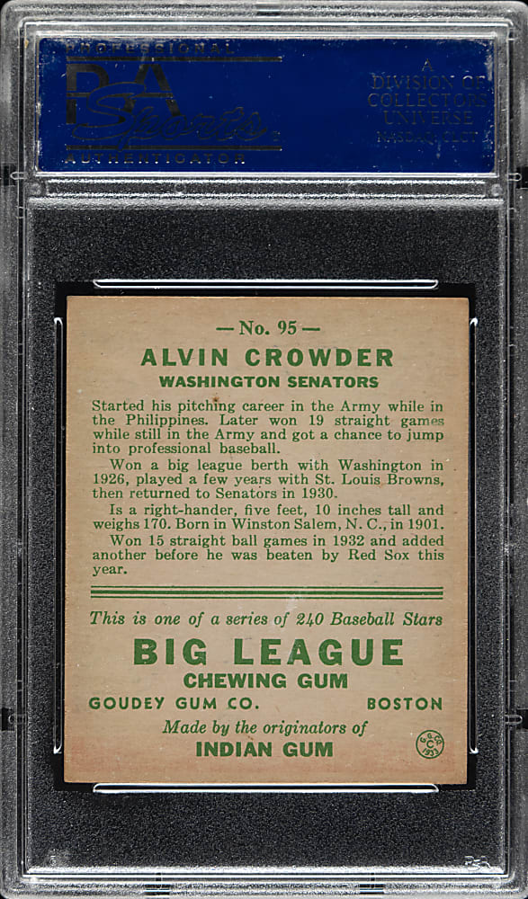 1933 R319 Goudey #95 Alvin Crowder PSA NM-MT 8