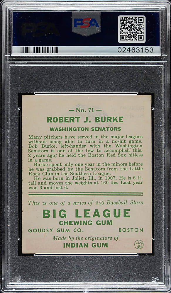 1933 R319 Goudey #71 Robert J. Burke PSA NM 7