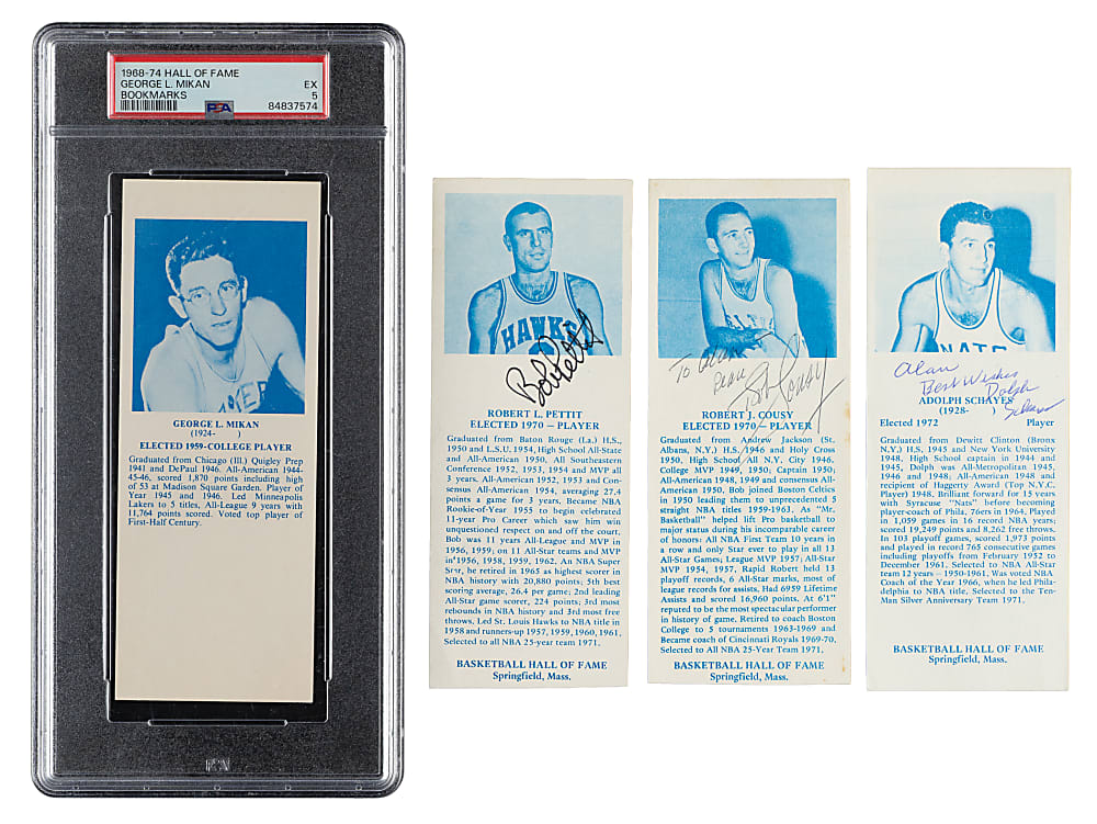 1968-1974 Basketball Hall of Fame Bookmarks Near-Complete Set (49/53) Including 13 Signed Cards and George Mikan PSA EX 5
