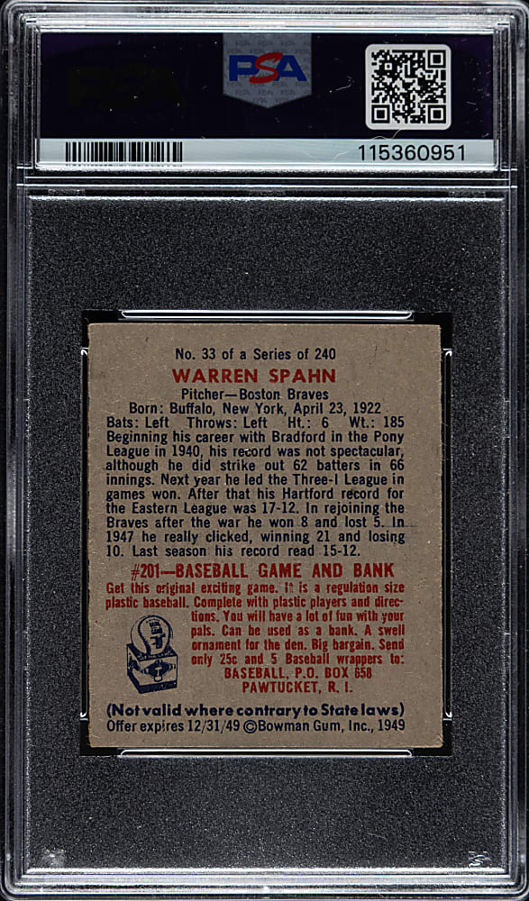 1949 Bowman #33 Warren Spahn PSA NM 7
