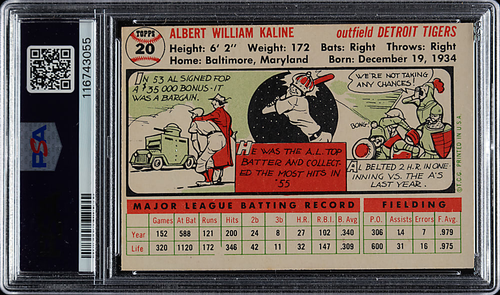 1956 Topps #20 Al Kaline White Back PSA NM 7
