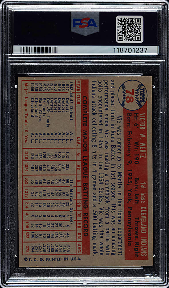 1957 Topps #78 Vic Wertz PSA MINT 9