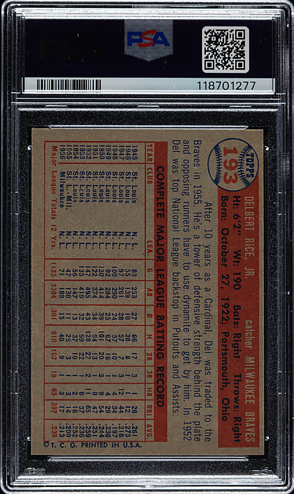 1957 Topps #193 Del Rice PSA MINT 9