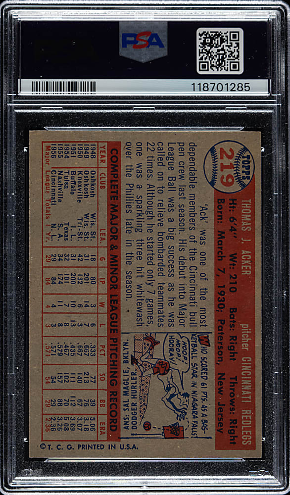 1957 Topps #219 Tom Acker PSA MINT 9