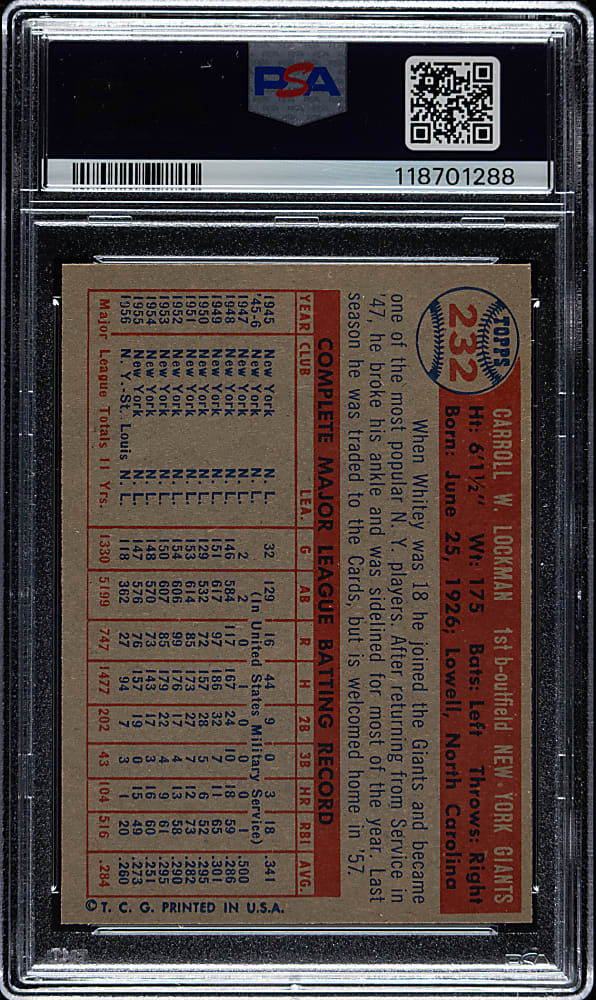 1957 Topps #232 Whitey Lockman PSA MINT 9