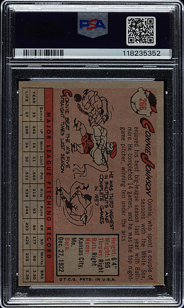 1958 Topps #266 Connie Johnson PSA MINT 9 - Highest Graded!