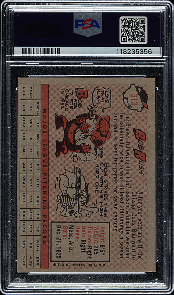 1958 Topps #313 Bob Rush PSA MINT 9 - Highest Graded!