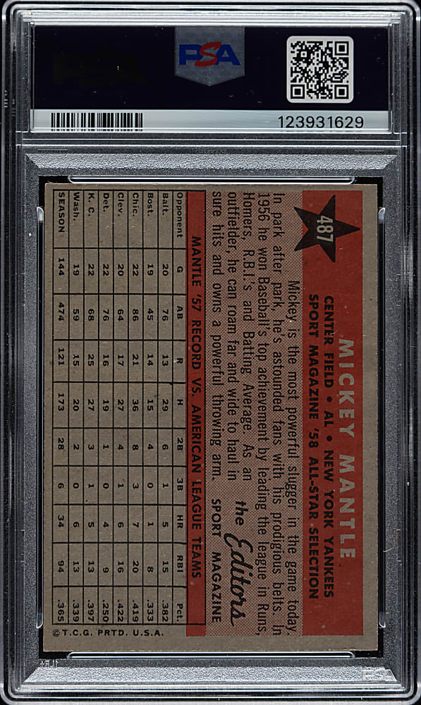 1958 Topps #487 Mickey Mantle All-Star PSA EX-MT 6