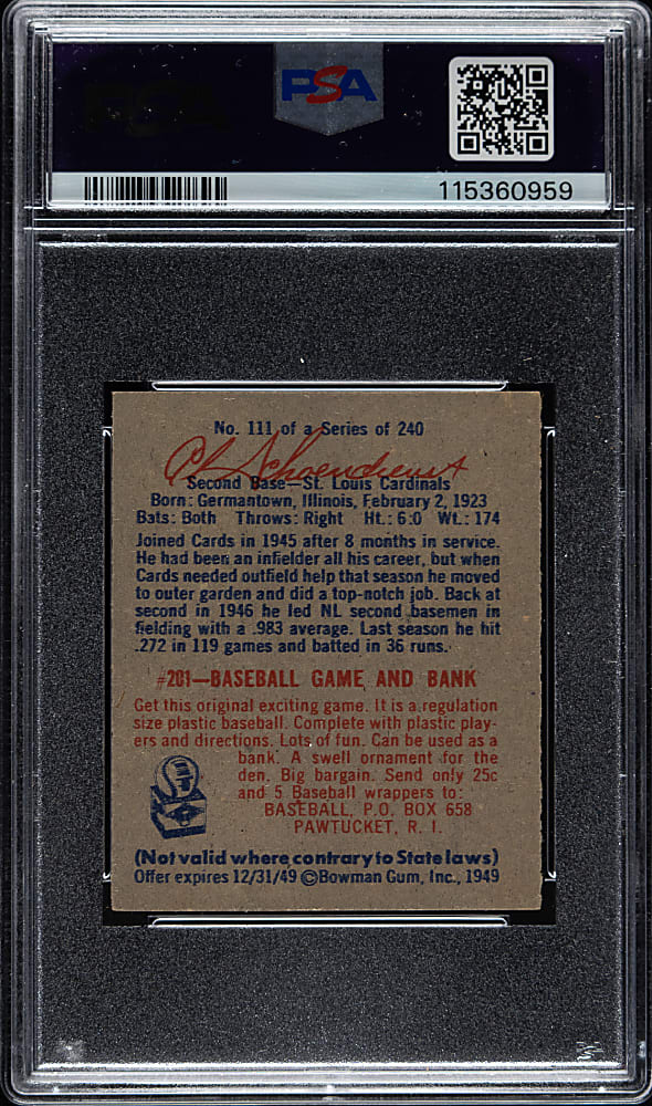 1949 Bowman #111 Red Schoendienst PSA NM-MT 8
