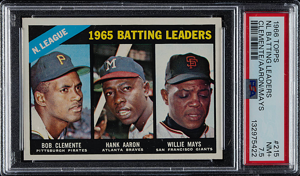 1966 Topps #215 NL Batting Leaders with Hank Aaron, Roberto Clemente, and Willie Mays PSA NM+ 7.5