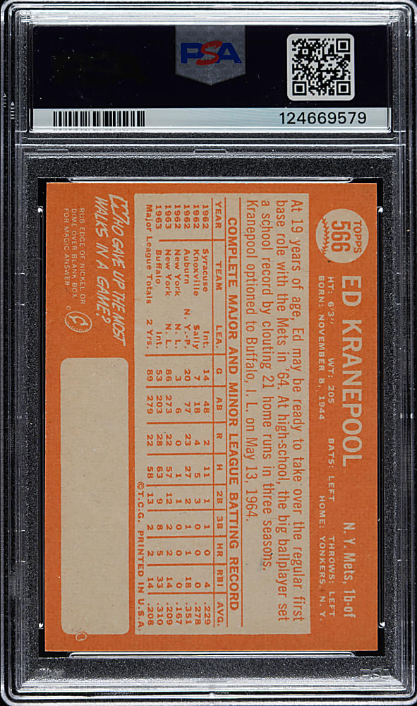 1964 Topps #566 Ed Kranepool PSA GEM MINT 10