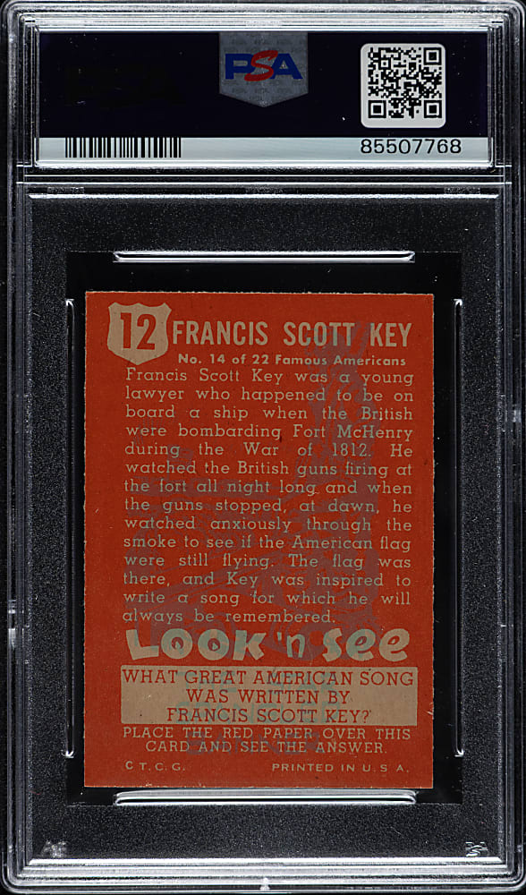 1952 Topps "Look 'n See" #12 Francis Scott Key PSA MINT 9 - Highest Graded!