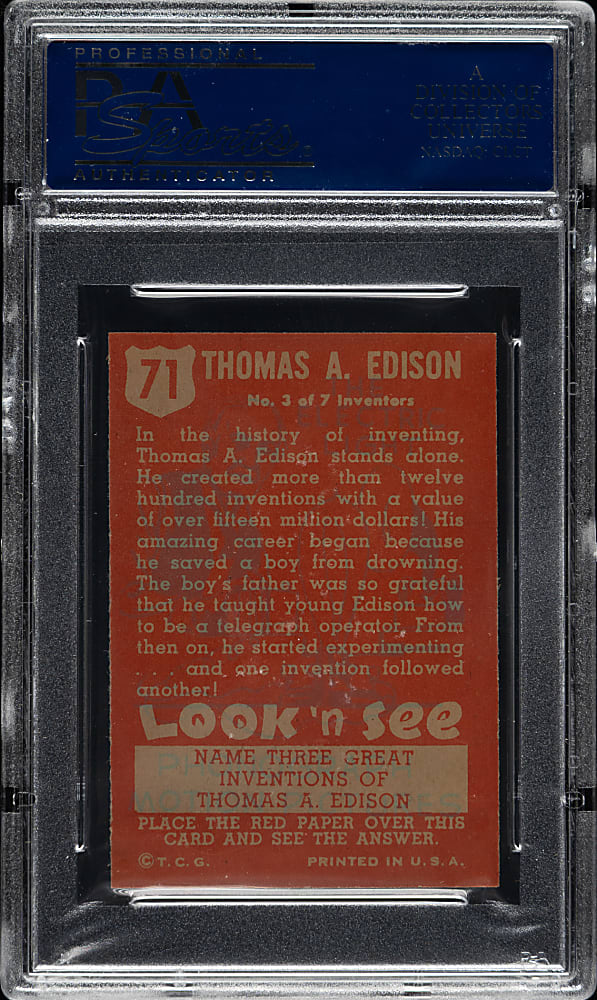 1952 Topps "Look 'n See" #71 Thomas Edison PSA MINT 9