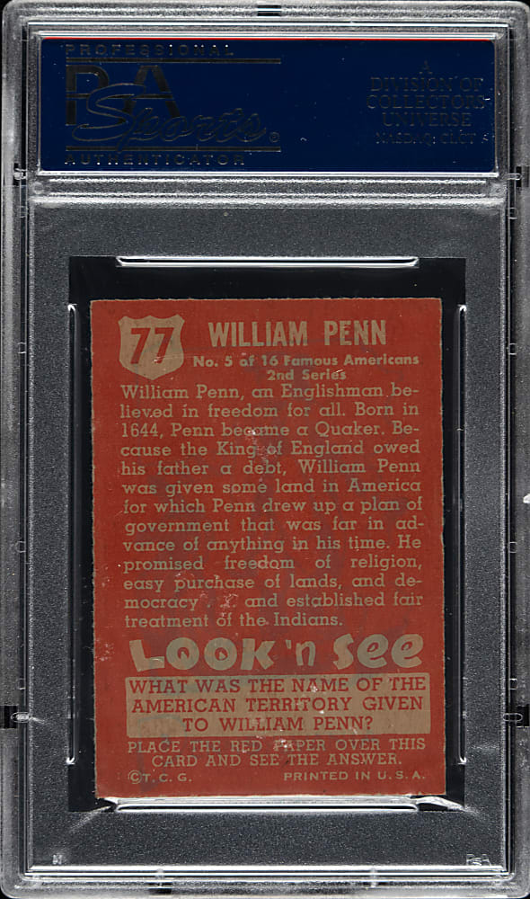 1952 Topps "Look 'n See" #77 William Penn PSA NM-MT 8