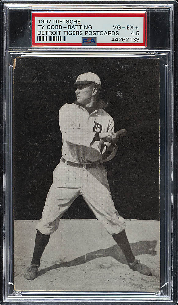 1907 PC765 A. C. Dietsche Detroit Tigers Postcard Ty Cobb Rookie Batting PSA VG-EX+ 4.5