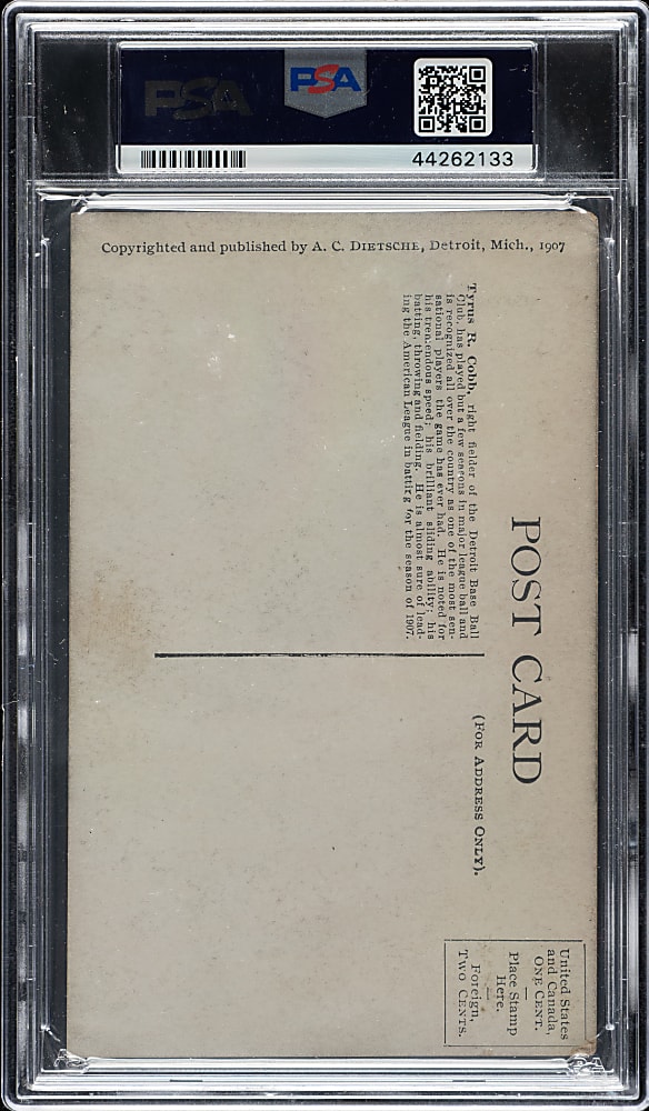 1907 PC765 A. C. Dietsche Detroit Tigers Postcard Ty Cobb Rookie Batting PSA VG-EX+ 4.5