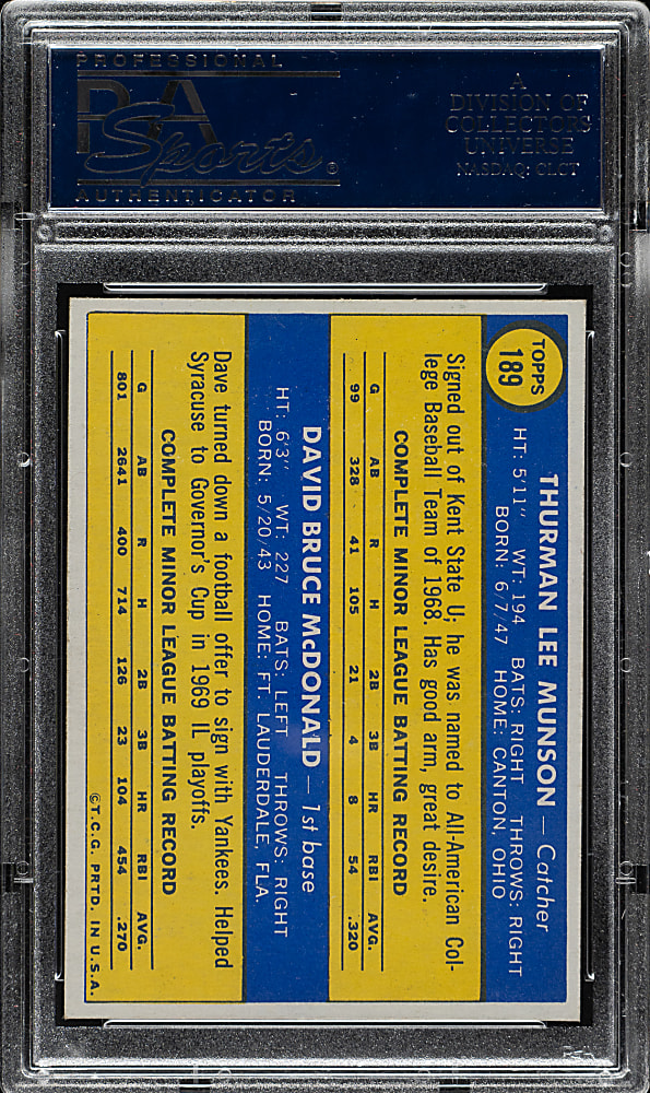 1970 Topps #189 Thurman Munson Rookie PSA MINT 9