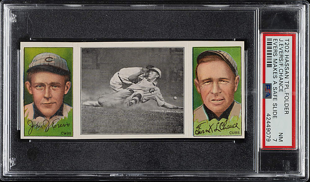 1912 T202 Hassan Triple Folder "Evers Makes a Safe Slide" Johnny Evers/Frank Chance PSA NM 7
