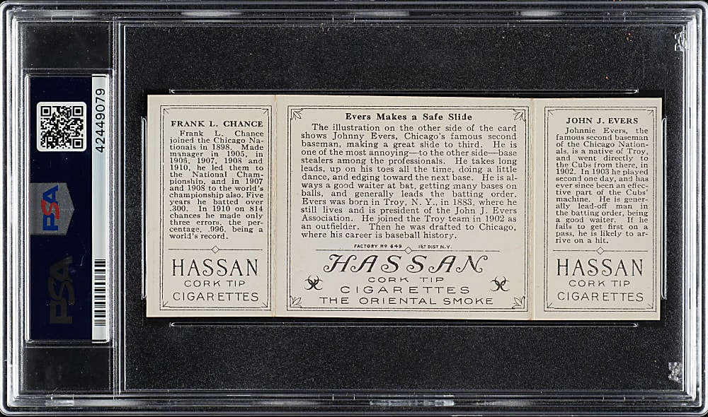 1912 T202 Hassan Triple Folder "Evers Makes a Safe Slide" Johnny Evers/Frank Chance PSA NM 7