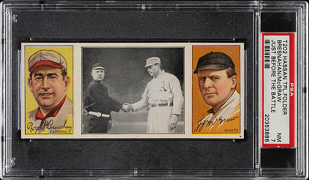 1912 T202 Hassan Triple Folder "Just Before the Battle" Roger Bresnahan/John McGraw PSA NM 7