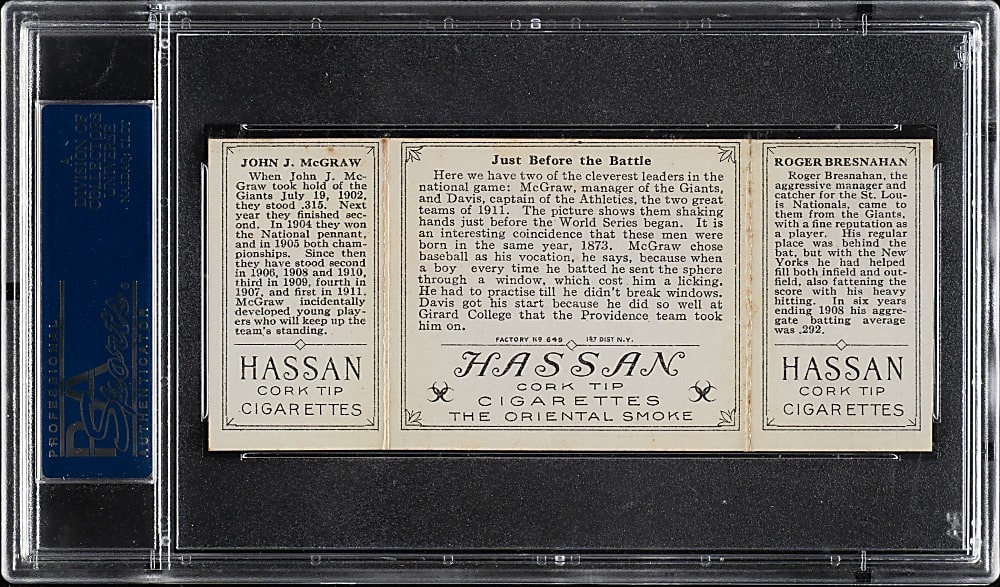 1912 T202 Hassan Triple Folder "Just Before the Battle" Roger Bresnahan/John McGraw PSA NM 7