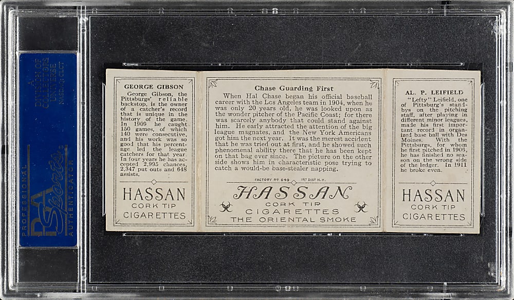 1912 T202 Hassan Triple Folder "Chase Guarding First" Gibson/Leifield PSA EX-MT 6