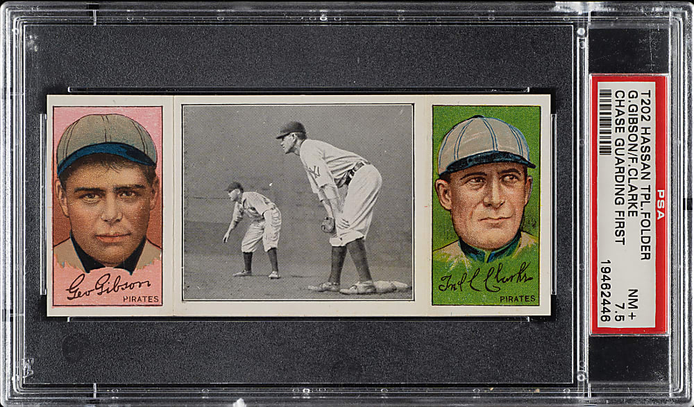 1912 T202 Hassan Triple Folder "Chase Guarding First" Fred Clarke/Gibson PSA NM+ 7.5