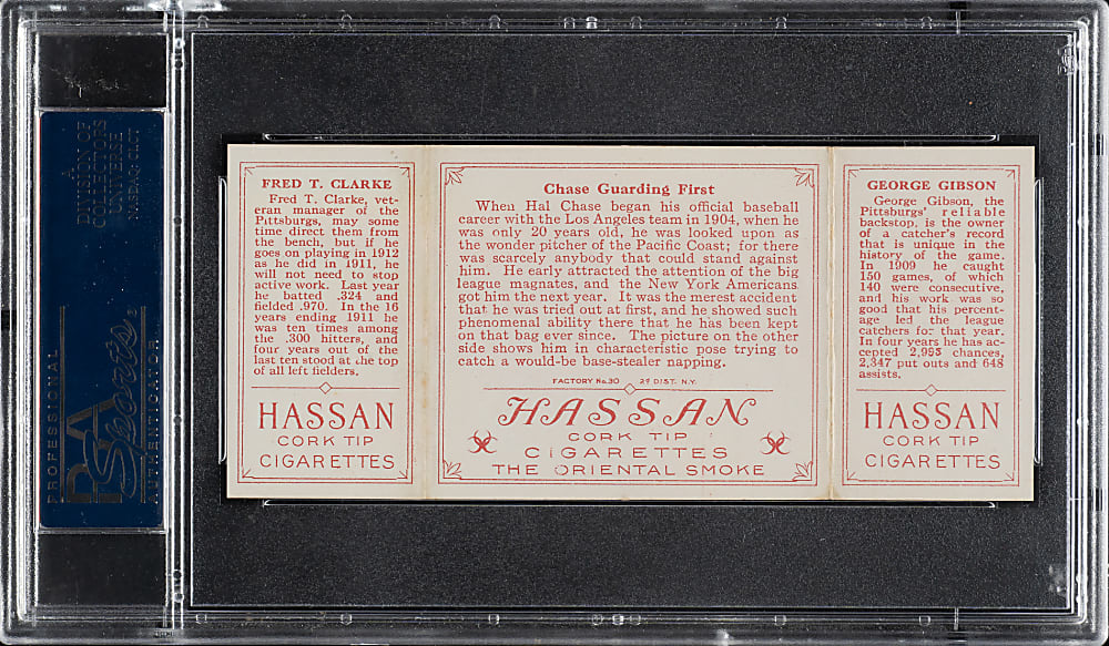 1912 T202 Hassan Triple Folder "Chase Guarding First" Fred Clarke/Gibson PSA NM+ 7.5