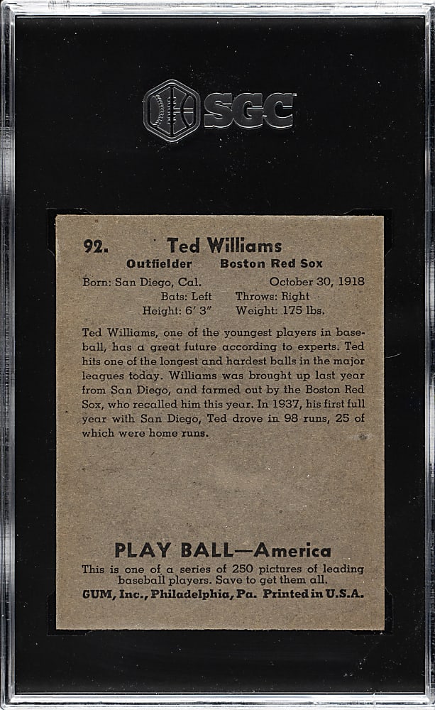 1939 R334 Play Ball #92 Ted Williams Rookie SGC EX 5 (MBA Gold Diamond)