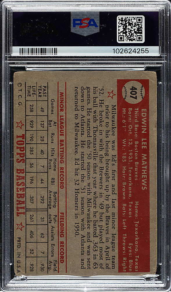 Signed 1952 Topps #407 Eddie Mathews Rookie High Number PSA POOR 1 with NM-MT 8 Signature